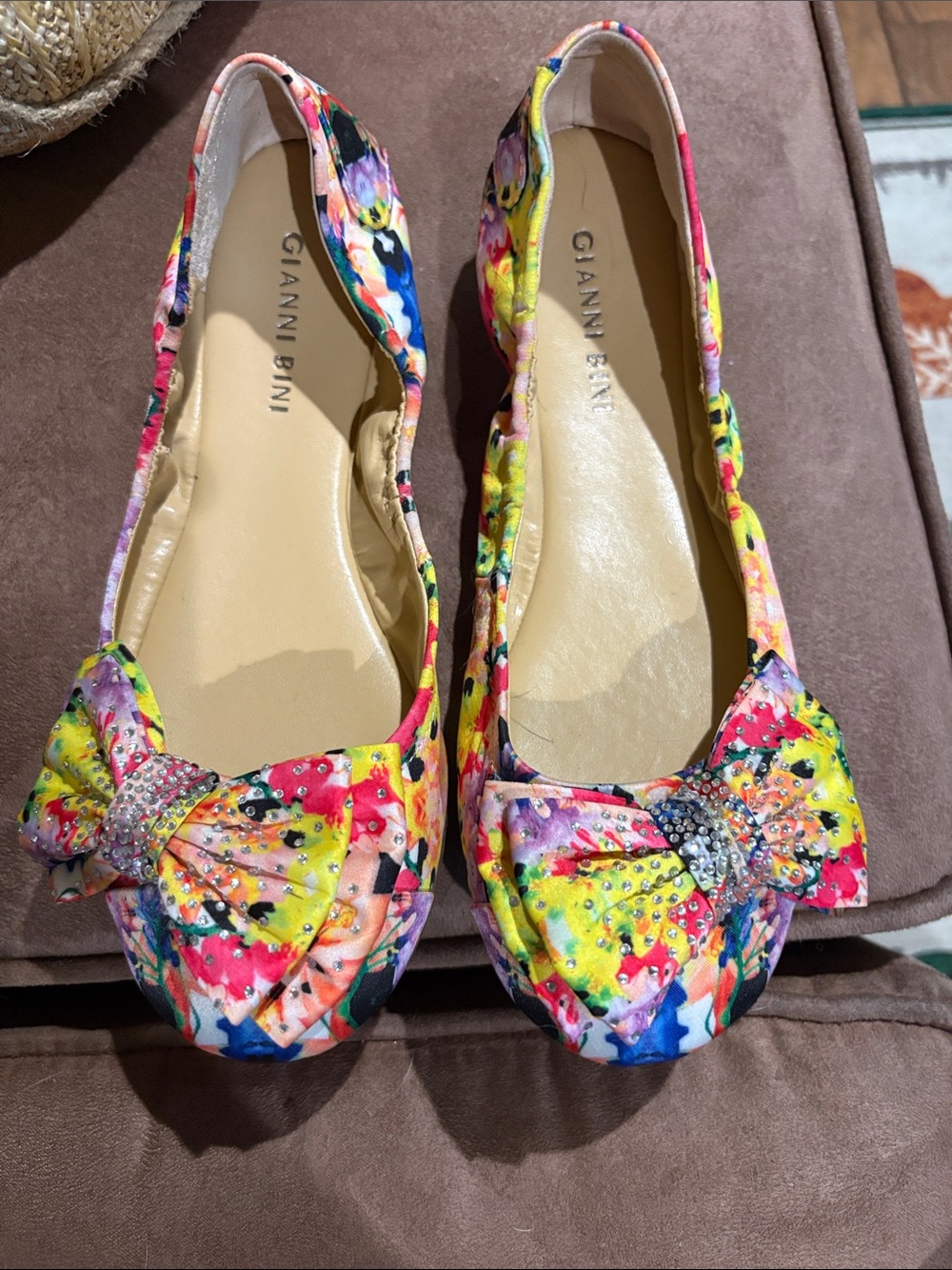 Gianni Bini Multicolor Floral Bow Ballet Flats with Crystal Accent
